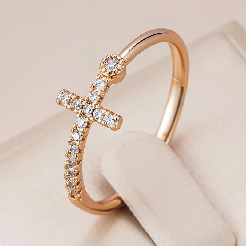 Wbmqda Cross Ring For Women 585 Rose Gold Color With Natural Zircon High Quality Daily Jewelry