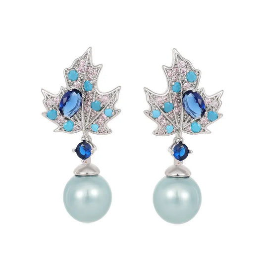 Cubic Zirconia Tree Leaf Simulation Pearl Earring Design Maple Leaf Earring Jewelry